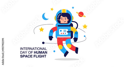 Astronaut running in space with stars and planets around, celebrating International Day of Human Space Flight