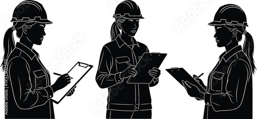 Female construction engineer silhouettes with helmet and clipboard, woman architect inspecting project, engineering workplace concept vector illustration isolated on white background