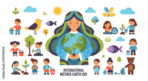 Woman embracing the Earth surrounded by diverse children and wildlife in a vibrant, global celebration