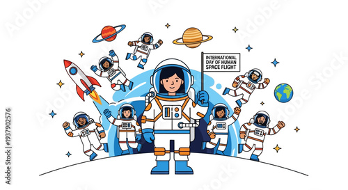 Astronauts in space suits floating among stars and planets in a celestial environment viewed from above Whisk