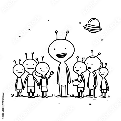 Alien family standing on grass with planet aliens children cartoon illustration
