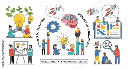 Creative professionals collaborating and brainstorming ideas on World Creativity and Innovation Day with various artistic elements and symbols around them.