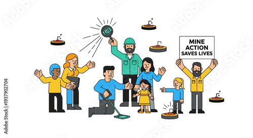 A group of people raising awareness about mine safety and action to save lives in a community environment from a central viewpoint