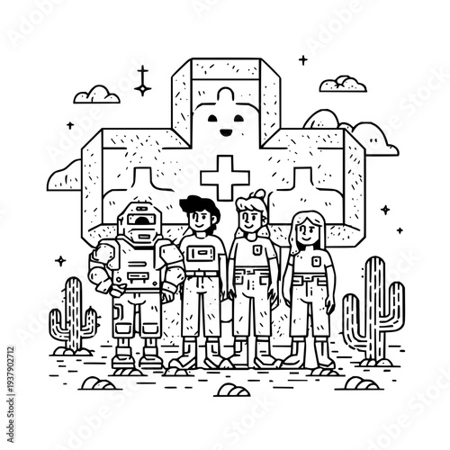 Astronauts standing in desert with pixel art robot space suits cactus illustration
