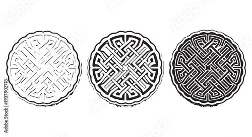 Three circular Celtic medallions in a row with intricate knotwork designs in black and white.