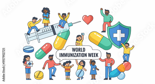 Vibrant illustration of diverse people celebrating World Immunization Week with medical elements and shield