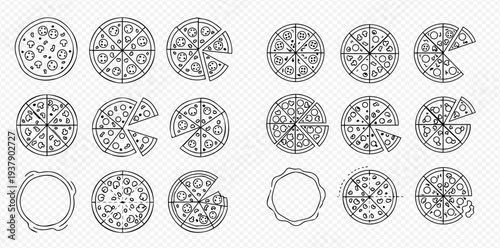 Set of outline pizza icons with different toppings and slices, vector illustration.