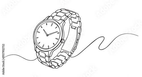Stylized continuous line art of a modern wristwatch with metal band and simple face design