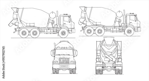 Cement Mixer Truck Blueprint – Concrete Construction Vehicle CAD Technical Drawing