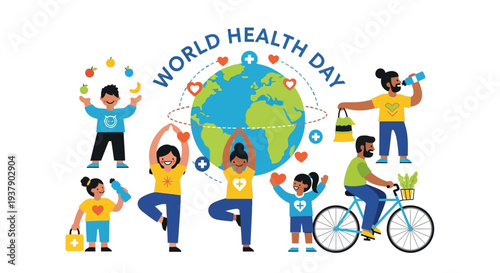Diverse group of people engaging in various healthy activities around the World Health Day theme