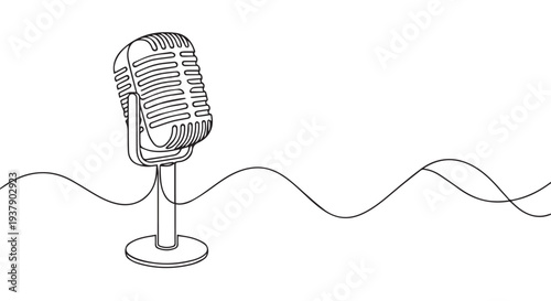 Vintage microphone line drawing with sound wave on Transparent Background, illustration for music or podcast concepts.