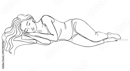 A serene woman reclines on her side, resting her head on her arm in a peaceful pose.