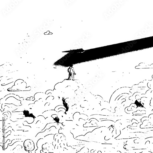 Man on cloud with giant knife aerial view black and white illustration