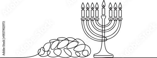 Vector illustration. The Jewish holiday of Hanukkah. The candlestick. Bread. Editable stroke