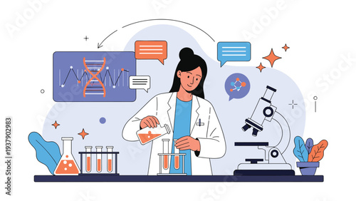 Female scientist conducts research in a laboratory using a microscope, test tubes, and DNA analysis to make new scientific discoveries.