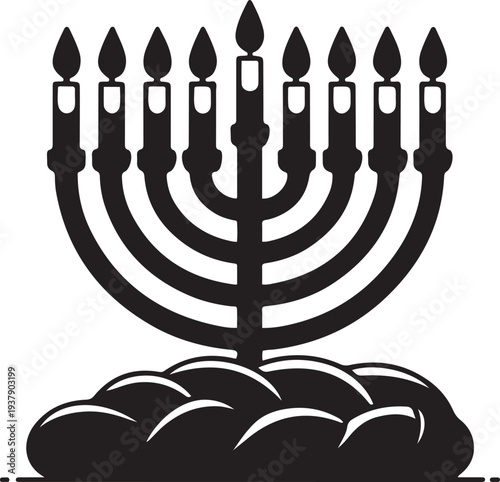 Vector illustration. The Jewish holiday of Hanukkah. The candlestick. Bread. Editable stroke