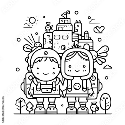Astronaut children standing in front of castle space suit helmet smiling illustration