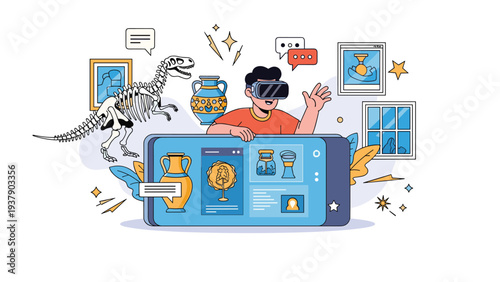 Young boy explores a virtual museum using a VR headset, interacting with dinosaur fossils, ancient pottery, and historical artifacts.