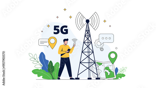 5G technology and telecommunication infrastructure featuring a high-speed signal tower, a technician, and map location markers.