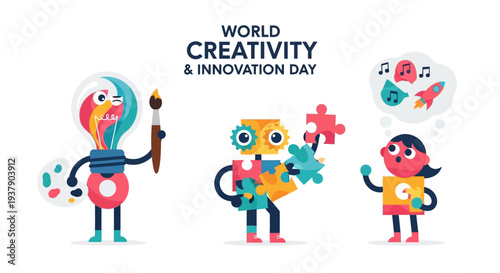 Vibrant illustration of children and robots celebrating creativity and innovation on World Creativity Day.