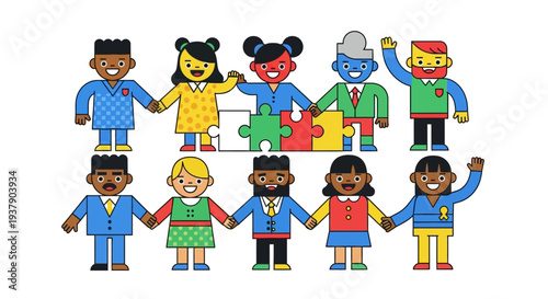 Diverse group of people holding hands together in unity and assembling puzzle pieces