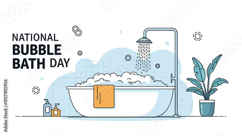 National Bubble Bath Day promotes relaxation with a bathtub full of bubbles, a shower head, and various bathroom accessories.