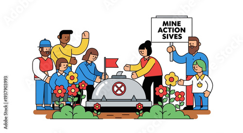 Diverse group protesting with sifters in a garden, promoting mine action awareness