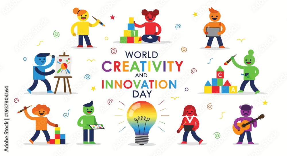 Fototapeta premium Vibrant illustration of creativity and innovation day, featuring diverse individuals engaging in various artistic activities