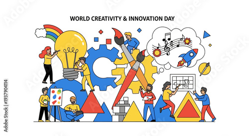 Creative individuals collaborating and celebrating innovation with various artistic elements and abstract shapes in a vibrant, dynamic scene