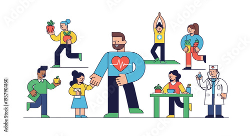 Healthy lifestyle illustration featuring people exercising and a doctor in a wellness scene from a straightforward viewpoint