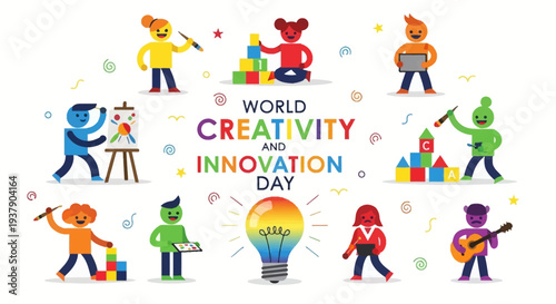 Vibrant illustration of creativity and innovation day, featuring diverse individuals engaging in various artistic activities