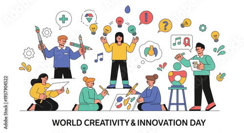 Diverse group celebrating World Creativity and Innovation Day with artistic expressions and ideas