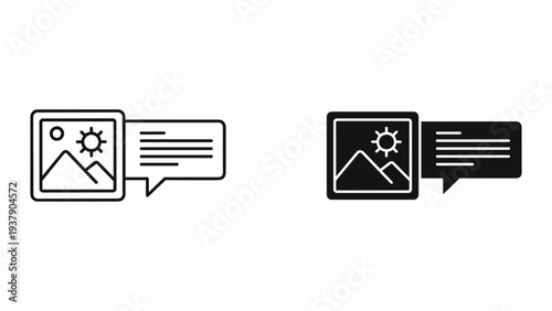 Image and Speech Bubble Icon Set: Line Art and Solid Fill, Isolated on White Background