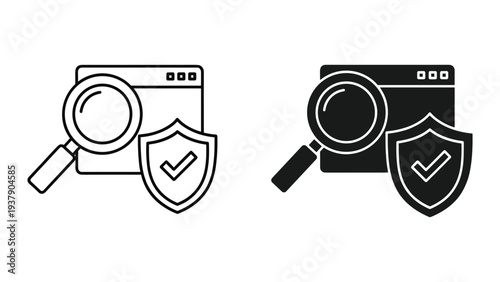 Security Check Icon with Magnifying Glass and Shield with Checkmark - Line Art and Solid Icon Set