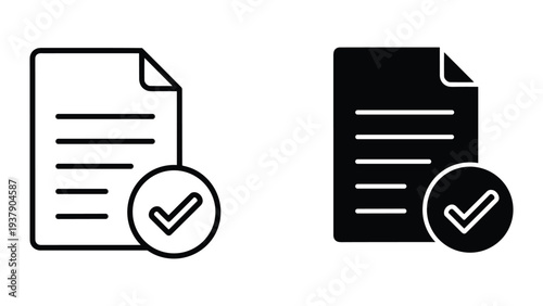 Document with Check Mark Icon: Approved or Verified Paperwork, Line Art and Solid Black Versions
