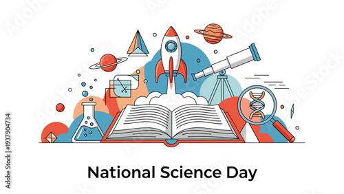 National Science Day banner showcasing a wide open book with a rocket taking off and various scientific equipment like flasks and DNA symbols.