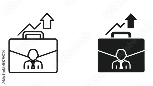 Business growth icon, briefcase with man symbol and upward trending graph, concept of success