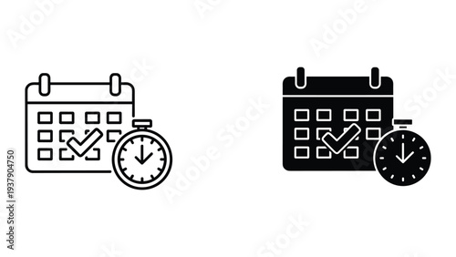 Calendar with Stopwatch and Checkmark Icons: Schedule, Deadline, Time Management, Planning, Event Reminder