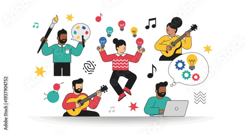 Creative People Engaging in Various Artistic Activities and Hobbies Together Surrounding Music and Artistic Expressions