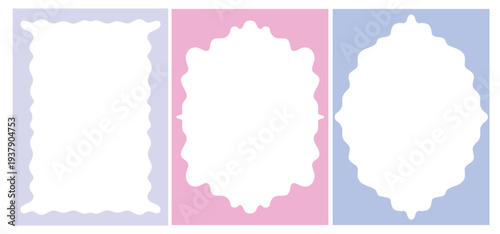 Wavy Whimsical Frames Set. Scalloped Edge Borders Collection for Wedding, Menu, Birthday Invitation Design Template. Minimalist Aesthetic Doodle Design.