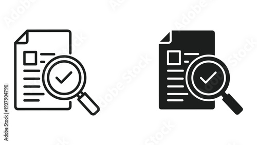 Document Review and Analysis Icon Set: Magnifying Glass with Checkmark on Paper