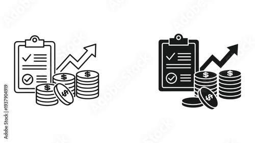 Financial Growth Icon: Clipboard, Coins, and Upward Trend Arrow