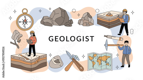 Geologist profession infographic showing people exploring rock formations using tools like compasses, maps, and hammers for earth science study.