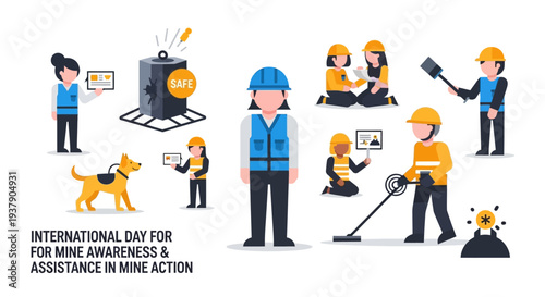 People working together on mine awareness and assistance in mine action efforts, illustrations of various tasks and activities