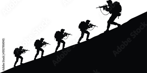 Black silhouettes of armed soldiers ascending steep incline with rifles and backpacks, military teamwork illustration symbolizing tactical movement, combat readiness, and strategic operation in challe