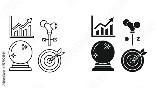 Business growth forecast, prediction, planning, and strategy icons: graph, crystal ball, weather vane, dartboard