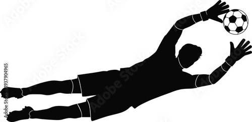 Black silhouette of a professional soccer goalkeeper jumping and diving to catch a football during a match isolated on a clean white background