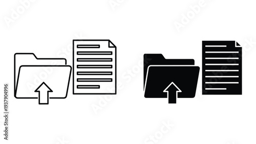 Folder Upload Icon Set: Line Art and Solid Black Icons for Digital File Management and Data Transfer