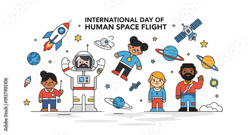 Diverse group of people and astronaut celebrating International Day of Human Space Flight with spacecraft and planets