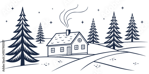 A serene winter scene with a cozy house surrounded by snow-covered trees and a majestic bird in flight Vector